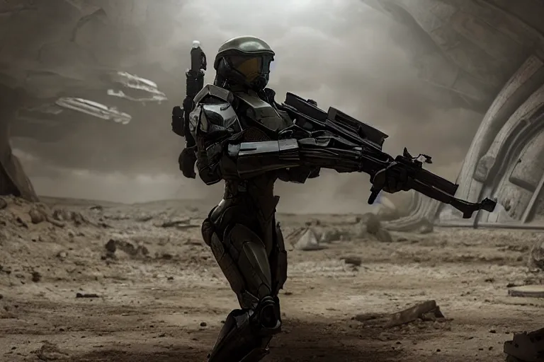 Prompt: vfx movie, sci - fi super soldier in worn military futuristic armor, posing with futuristic rifle in alien technology temple, master chief by emmanuel lubezki
