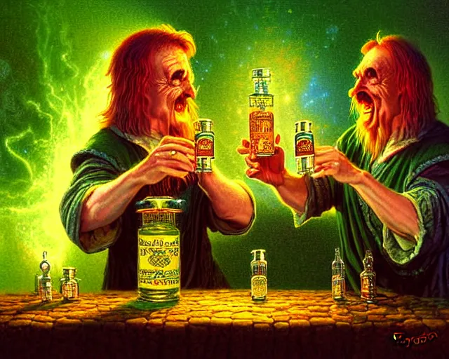 Image similar to A richly detailed fantasy digital art of an ancient vintage apothecary magic arcane nebula healing elixir potion bottle trading card an esoteric blender render by Bob Eggleton, two jolly wizards enthusiastically drinking and imbibing magic potions