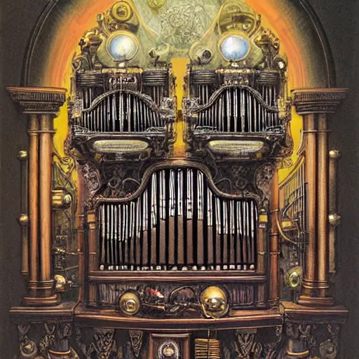 Image similar to steampunk pipe organ lp album art, intricate detail, mechanical, baroque oil painting by alan lee and jim burns