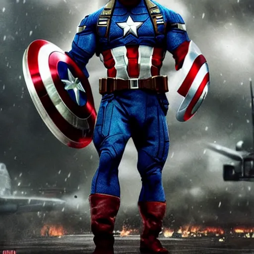 Image similar to dwayne johnson as captain america posing for a cover of a movie, realistic photo, highly detailed, precise, high definition