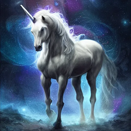 Prompt: a wlop 3 d render of very very very very highly detailed beautiful mystic portrait of a phantom undead unicorn with whirling galaxy around, tattoos by anton pieck, intricate, extremely detailed, digital painting, artstation, concept art, smooth, sharp focus, illustration, intimidating lighting, incredible art,