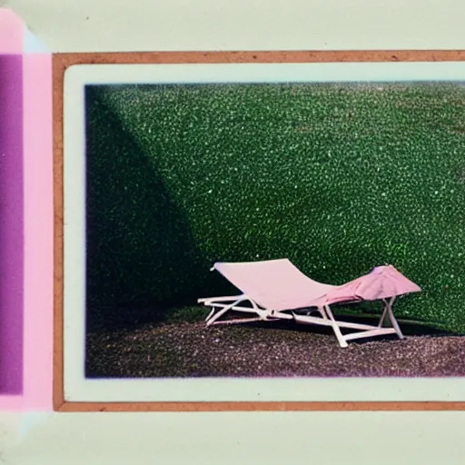 Image similar to a pastel coloured Polaroid photo of a sun lounger and shelter made of transparent iridescent perspex stood centrally in a field, beams of light, nostalgic