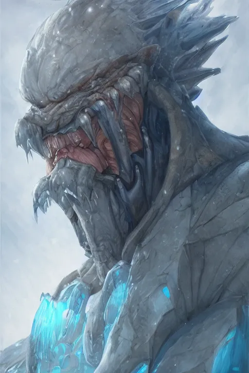 Prompt: concept art portrait painting of ice gigant ymir by james gurney and alix branwyn and leesha hannigan, trending on artstation, detailed