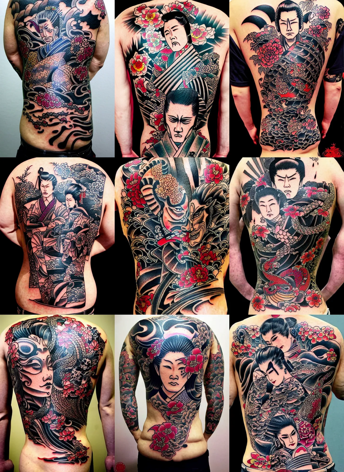 Prompt: yakuza tattoos on a sitting geisha back with intricate designs with tigers, featuring christopher walken as a samurai, amazing detail, sharp, dynamic lighting