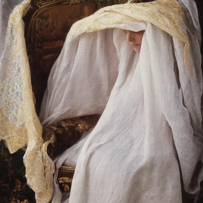 Prompt: a color photograph, closeup portrait of a woman wrapped in linen and silk, sitting on a plastic throne, in glacier national park in montana, color photograph, by vincent desiderio, canon eos c 3 0 0, ƒ 1. 8, 3 5 mm, 8 k, medium - format print