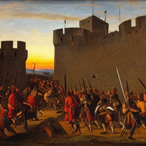 Prompt: a medieval army laying siege to a fortified castle by Moretto da Brescia, cinematic lighting, sunset, catapults