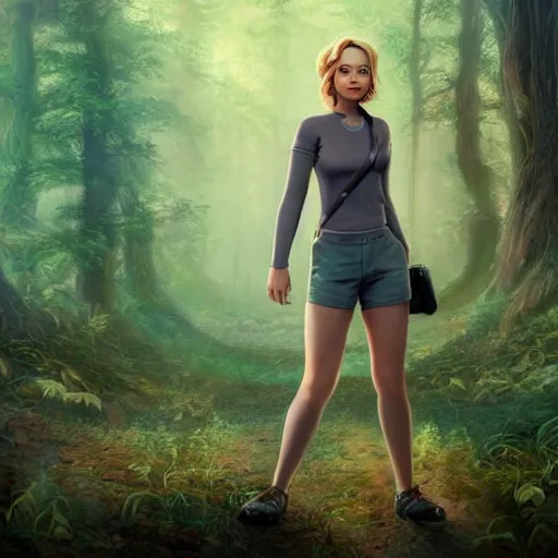 Image similar to a portrait of jennifer lawrence as a pokemon trainer, beautiful, in a dark forest, extremely detailed digital art, trending on artstation hyper realistic matte painting, pixar, by wlop, art germ