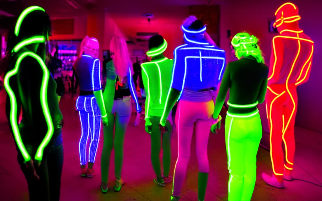 Image similar to love, diverse neon cybersuits, from behind, wide wide angle, vivid, elaborate, highly detailed, beautiful lighting