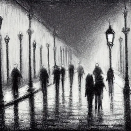 Prompt: charcoal drawn cityscape in the rain. Bridge, gas lamps, people walking