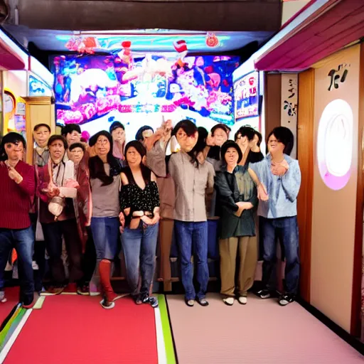 Image similar to a bunch of people at a japanese arcade