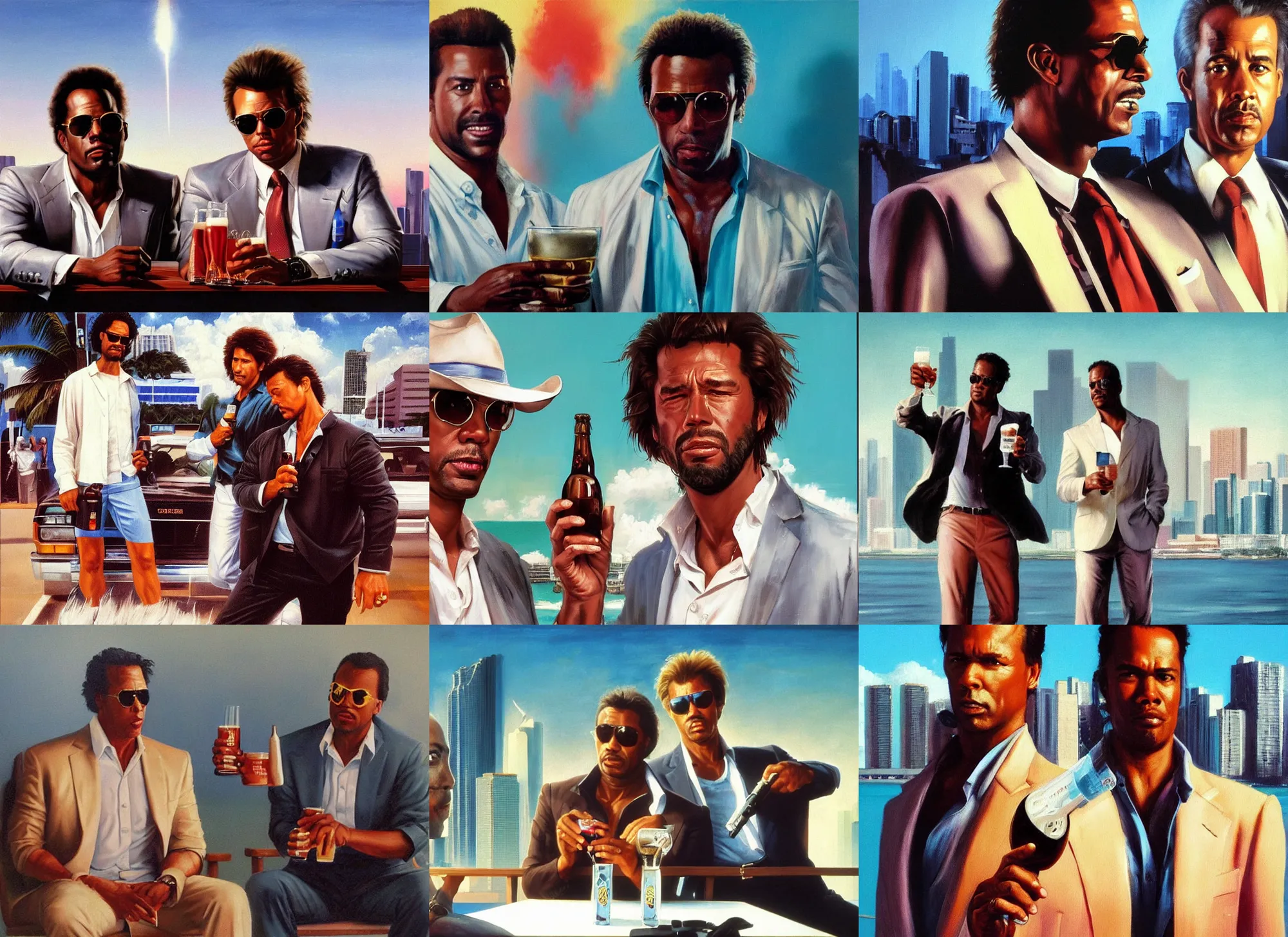 Prompt: an oil painting portrait of crockett and tubbs in eighties miami vice, ultra realistic, highly detailed faces, true to life, masterpiece, cinematic by frank frazetta, greg rutkowski, beeple, yoko taro, christian macnevin, beeple, wlop, krenz cushart, holding beers, epic fantasy character art, volumetric lighting