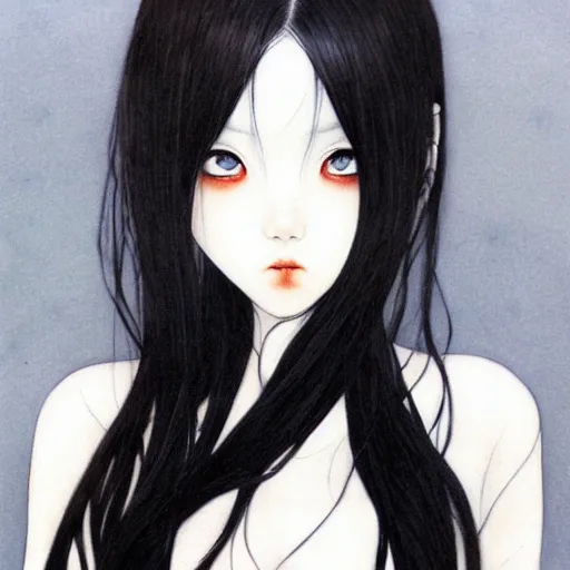 Image similar to a portrait of a character, black hair, dark eyes, dark, gothic, by Miho Hirano, trending on pixv