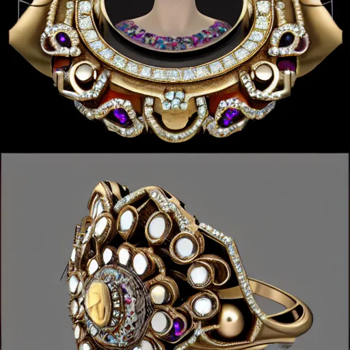 Prompt: complex golden ring with cameo and gems on the female model hand with bust with a cyberpunk style, 8k, details