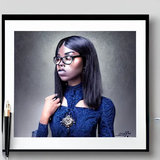 Prompt: portrait of a beautiful woman in an office, dark blue clothes, black hair, dark skin, d & d, high fantasy, deep focus, intricate, elegant, highly detailed, digital painting, sharp focus dynamic pose, ultra realistic illustration