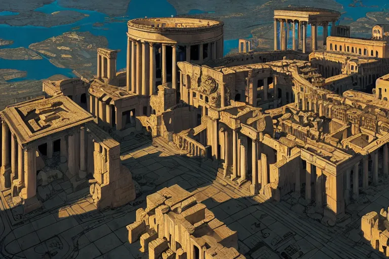 Image similar to an ancient roman city, by paolo eleuteri serpieri and tomer hanuka and chesley bonestell and daniel merriam and tomokazu matsuyama, clearly defined outlines, unreal engine, high resolution render, featured on artstation, octane, 8 k, highly intricate details, vivid colors