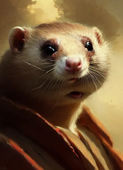 Image similar to a beautiful closeup shot from a marvel film of a humanoid ferret wearing a loose tunic. an anthropomorphic ferret. portrait. joseph ducreux, greg rutkowski.