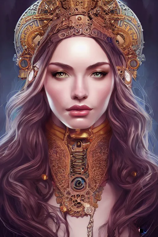 Prompt: portrait of the Goddess of Wisdom, elegant, intricate, steampunk, full frontal shot, highly detailed, digital painting, artstation, concept art, sharp focus, illustration, art by artgerm