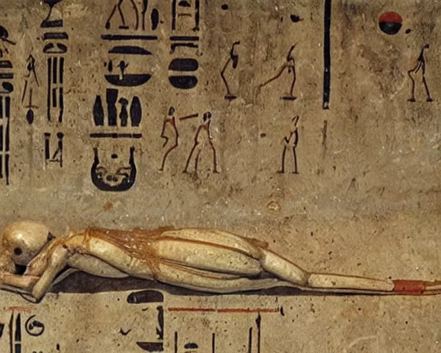 Image similar to An alien falling asleep in Ancient Egypt, Realistic photograph