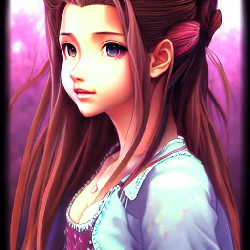 Image similar to pouting Aerith Gainsborough close-up portrait looking straight on, complex artistic color ink pen sketch illustration, full detail, gentle shadowing, fully immersive reflections and particle effects, chromatic aberration, art by Artgerm