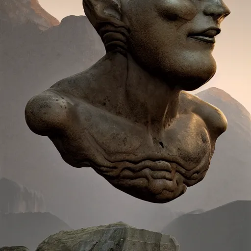 Image similar to highly detailed professional painting of ancient monumental alien bust in mountains trending on artstation, ultra detail, atmospheric lighting