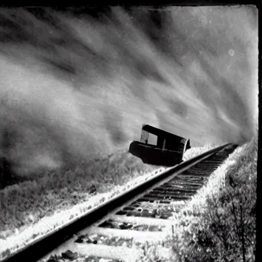Image similar to the disembodied spirit of a dangerous railroad demon, Boxcar on the railroad, Cinematic, 35mm, film still from horror movie