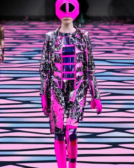 Prompt: a leaked screenshot of Balenciaga's fall 2049 fashion week, prismatic, dazzle camouflage!, dayglo pink, dayglo blue, Bladerunner, cyberpunk