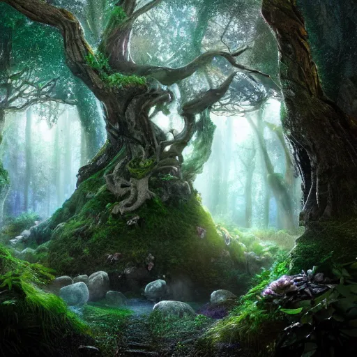 Image similar to full body pose, hyperrealistic photograph of the magical fairy forest, dim volumetric lighting, 8 k, octane beautifully detailed render, extremely hyper detailed, intricate, epic composition, cinematic lighting, masterpiece, trending on artstation, very very detailed, stunning, hdr, smooth, sharp focus, high resolution, award, winning photo, dslr, 5 0 mm