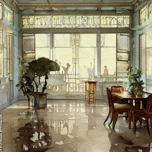 Image similar to a beautifull intricate watercolour painting of a dining room, reflexions, verry high details by william turner art, greg rutkowski and alphonse mucha, trending on artstation, very very detailed, masterpiece, muted colors