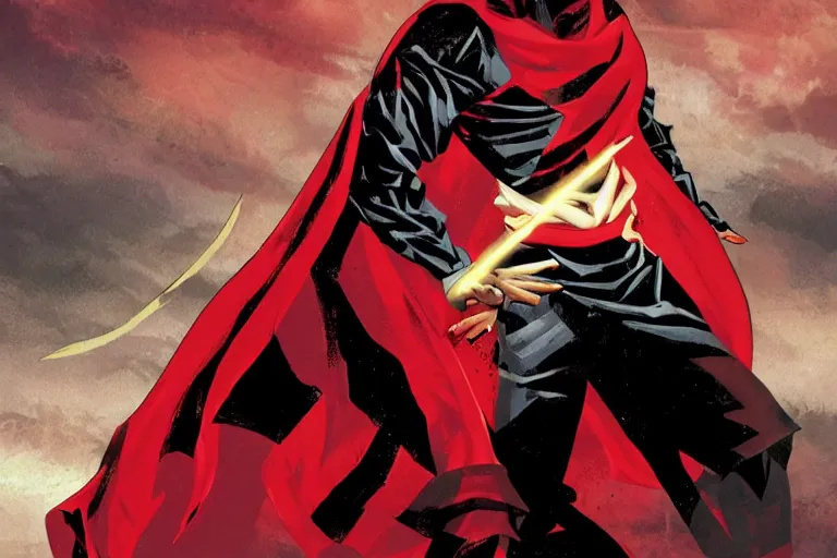 Image similar to a twin blade muscular swordsman, red and black cape and hoodie, scary, intimidating floating sand, worn out clothes, torn clothes, as a panel of a Marvel comic