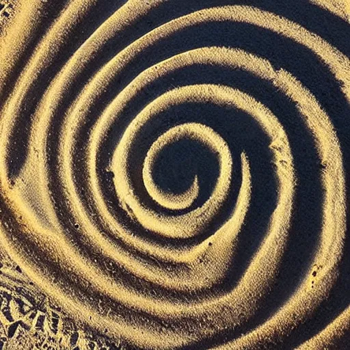 Prompt: A golden spiral created with sand on a beach, leading into the ocean, golden ratio, by sandro boticceli and Hayao Miyazaki