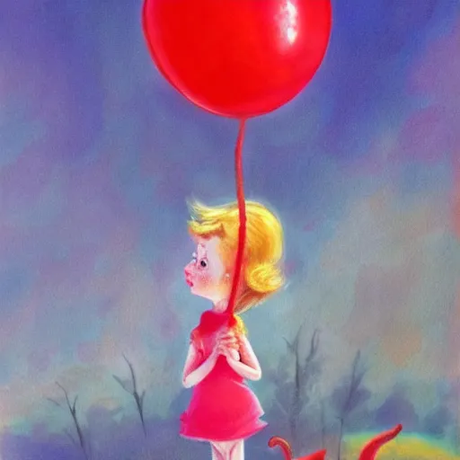 Prompt: fantasy painting of a little girl holding a red balloon by dr seuss | horror themed | creepy