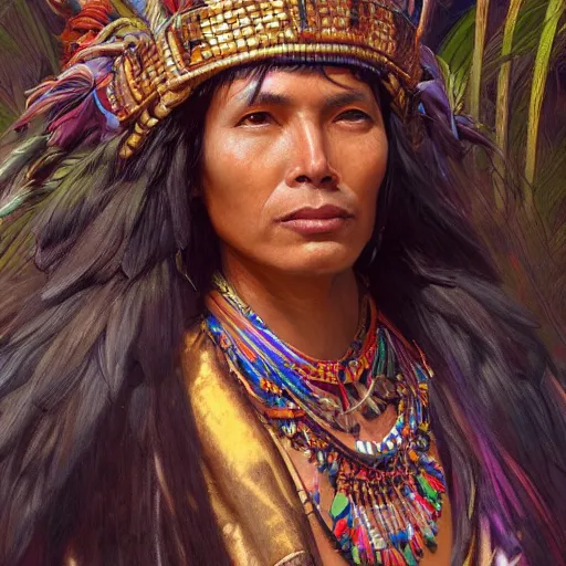 Prompt: A Inca Ruler, artists portrait, wild jungle, fantasy, highly detailed, digital painting, concept art, sharp focus, depth of field blur, illustration, art by artgerm and greg rutkowski and alphonse mucha