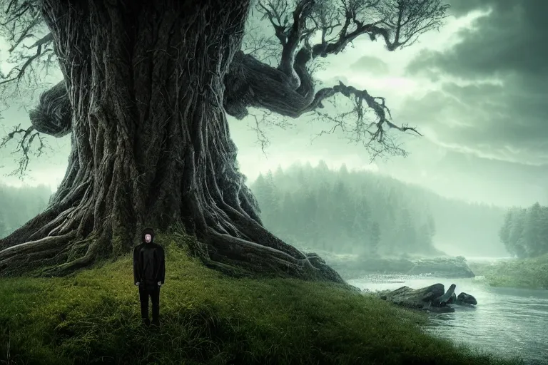 Image similar to an ultra realistic, cinematic headshot portrait, of an evil tree wizard, background of a vast serene landscape, with trees and rivers, detailed, deep focus, movie still, dramatic lighting, ray tracing, by michal karcz and yoshitaka amano