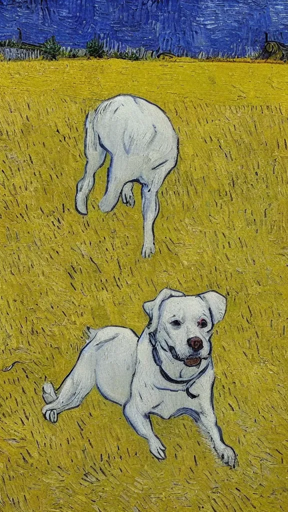 Image similar to A white and yellow dog was rolling in the field,In the style of Van Gogh.