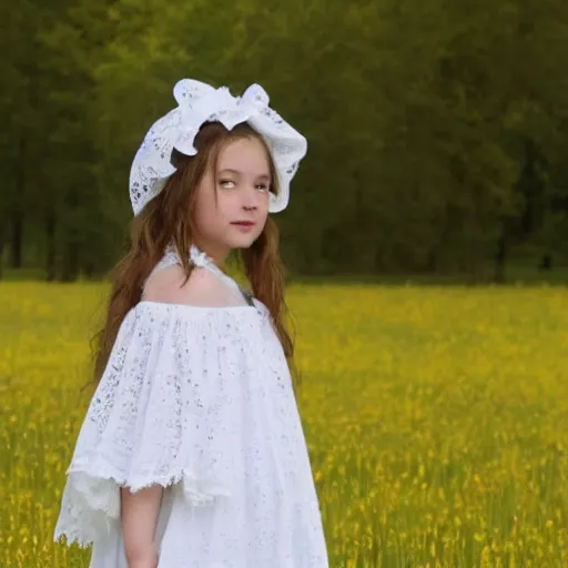 Prompt: beautiful pioneer girl in a meadow, white lacy dress and bonnet, portrait