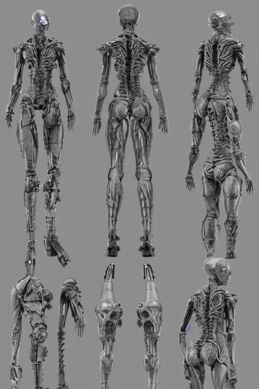 Image similar to cyborg mutant with gunmetal grey skin, medical anatomy, very symmetrical face, highly detailed, japanese mecha implants, three - perspective / three - view reference sheet ( front / back / side ), in the style of dan ouellette, dren from splice, hr giger, sil from species, artstation, unreal engine