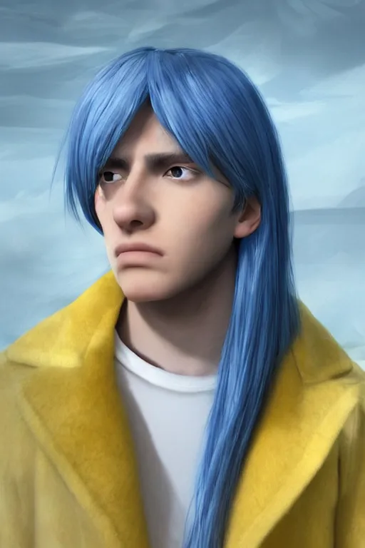 Image similar to a male teenager with long blue hair and yellow eyes wearing a winter overcoat, hyperrealistic, concept art, octane render, unreal engine 5, trending on artstation, high quality, 8 k, highly detailed, digital art, anatomically correct, symmetrical, realistic and defined face, high coherence, path traced, face portrait, yellow eyes, blue hair