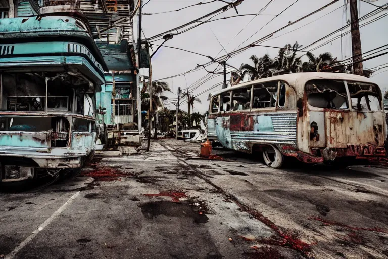 Image similar to low wide angle shot of dilapidated fallout 5 miami, tropical coastal city, desolate, dilapidated neon signs, few rusted retro futuristic vintage parked vehicles like cars, buses, trucks, trams, volumetric lighting, photorealistic, foggy, rain daytime, autumn, overcast weather, sharp focus, ultra detailed, 4 0 0 0 k