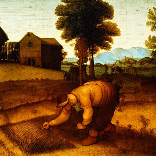 Prompt: Farmer tilling his field by Leonardo Da Vinci,