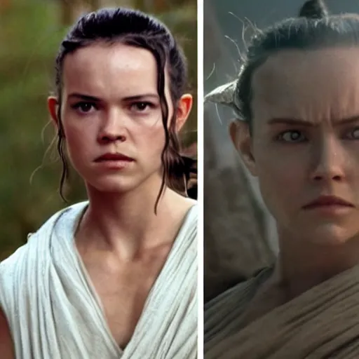 Image similar to Rey from Star Wars twenty years older as a Jedi Master