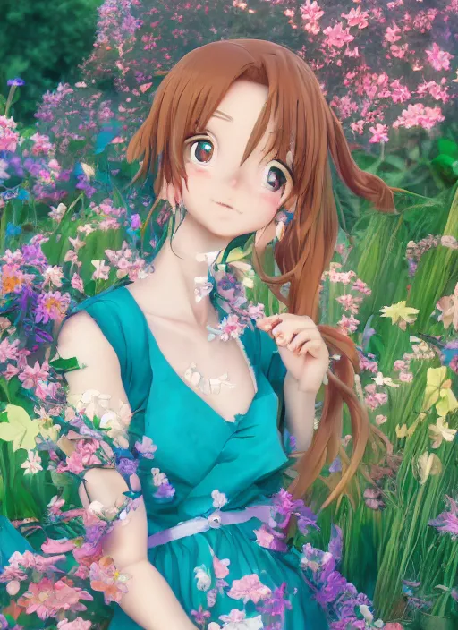 Prompt: portrait of beautiful girl with long turquoise hair, big cute brown eyes, and a blue dress, in a garden full of flowers and Butterflies, genshin impact, realistic anime, backlit, strong rim light, sharp focus, octane render, trending on artstation, 8k