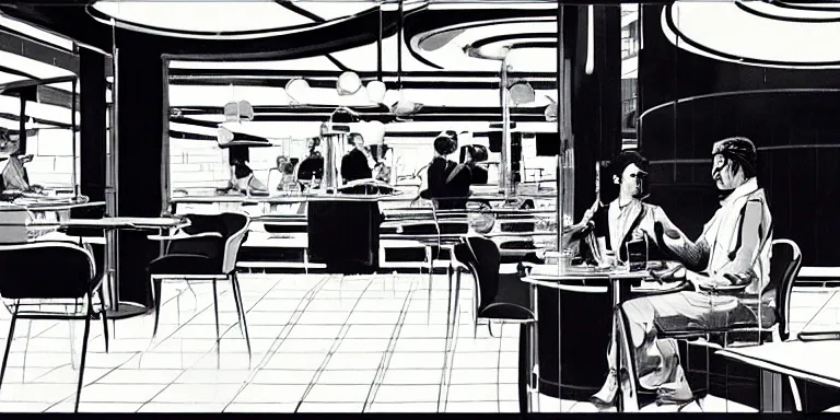 Prompt: a man and a girl seated face to face, having coffe in an empty diner, storyboard panel by syd mead, large shot, frontal view, grayscale pantone