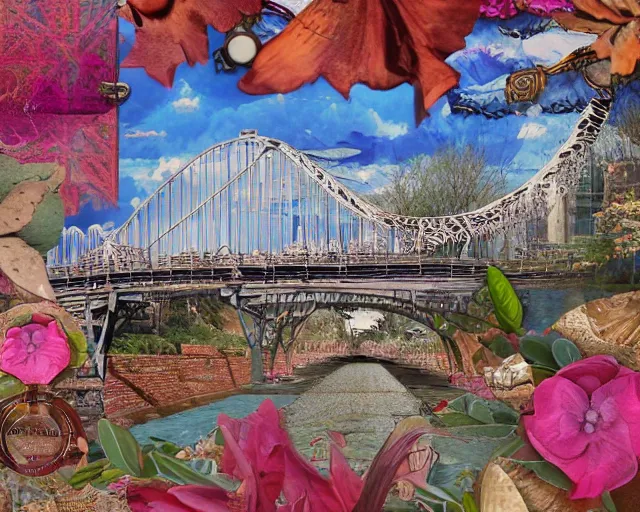 Image similar to detailed bridge with unexpected maximalist elements. 8x HD mixed media 3D collage in the style of a childbook illustration in soft natural tones. matte background no frame HD