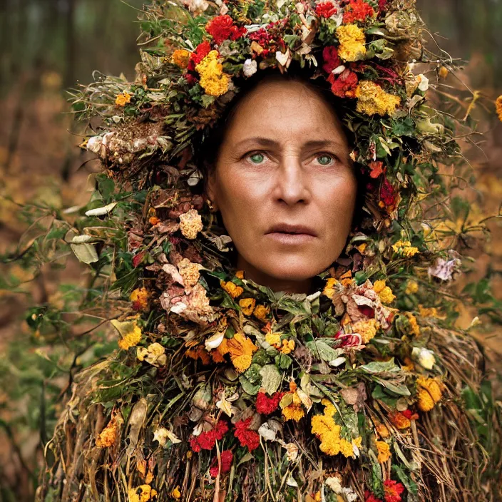 Prompt: closeup portrait of a woman wearing a cloak made of flowers and gold, standing in a burnt forest, by Annie Leibovitz and Steve McCurry, natural light, detailed face, CANON Eos C300, ƒ1.8, 35mm, 8K, medium-format print