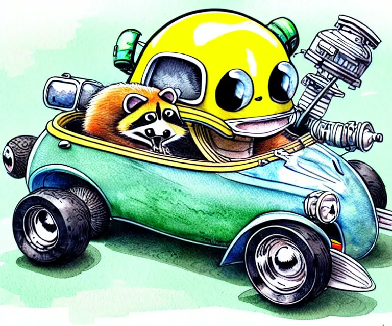 Prompt: cute and funny, racoon wearing a helmet riding in a tiny miniature little hot rod coupe with oversized engine, ratfink style by ed roth, centered award winning watercolor pen illustration, isometric illustration by chihiro iwasaki, edited by range murata