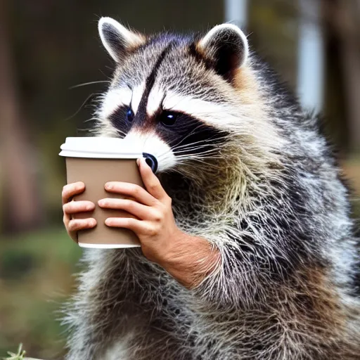 Image similar to mad racoon drinking coffee