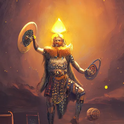 Prompt: mythological viking Shaman of artificial intelligence creating an artificial neural network with yellow synapses on an anvil, high resolution, award winning art, trending on art station, sharp image, incredibly detailed, detailed character realistic painting