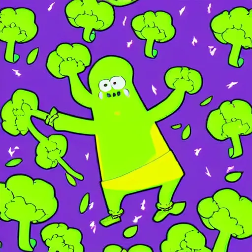 Image similar to a dancing broccoli, he is very happy, children illustration