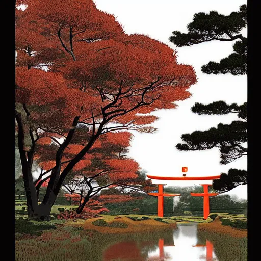 Image similar to a japanese landscape filled with torii arches, dawn, by david aja