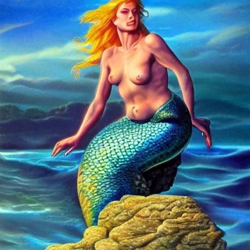 Image similar to a beautiful photo of a mermaid sits on a rock and stares at the island, sunset lighting, hyper realistic, 1 0 5 mm, style by boris vallejo, amazing